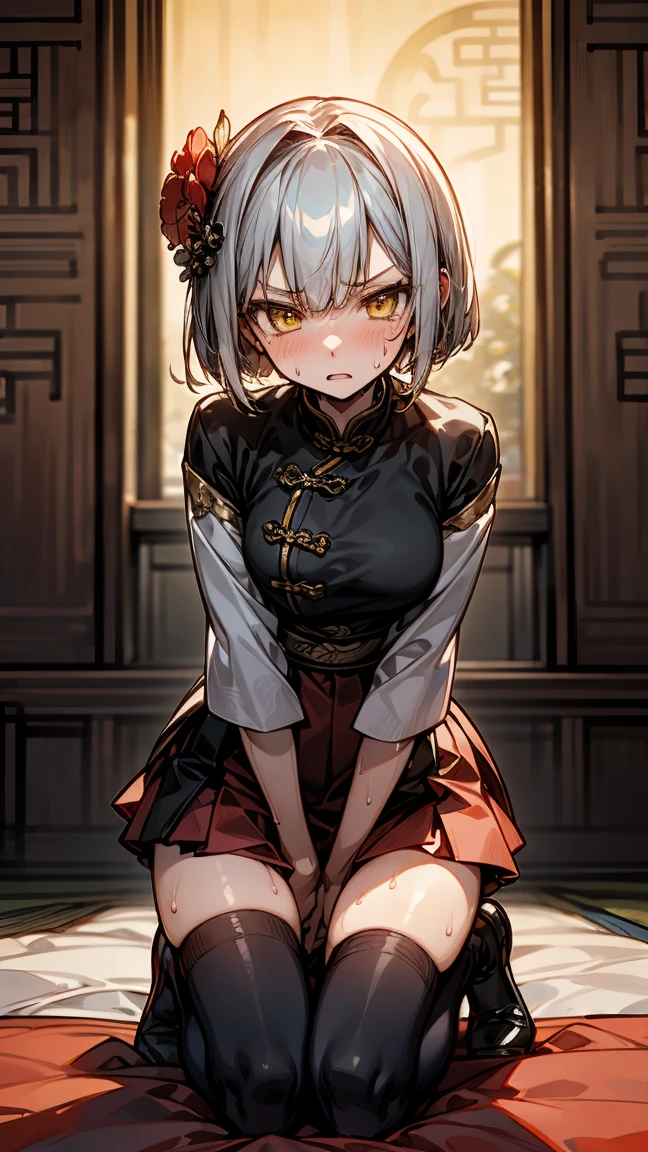 young girl , short silver bob hair, hair flower, sharp bangs between the eyes, yellow  eyes, eyes large, dominant look, cold stare, somewhat angry expression. traditional chinese imperial clothes black with gold details, red skirt, black thigh high socks. slenderbody. On your knees on the bed, kneeling. front point of view, far view. in a Japanese room, at night, with full moon in the background, light reflecting on the sexy and sweaty body. (((sweat)))