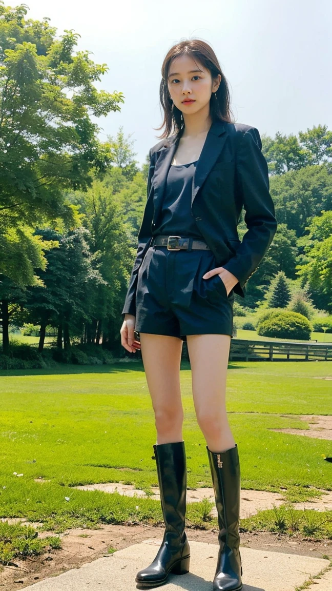 (8k、RAW Photos、Highest quality、masterpiece:1.2)、(Realistic、Realistic)、1 Girl、((suit、Black shorts、boots、garden、View from the front、Looking at the camera、belt、Hands on your hips))、cute