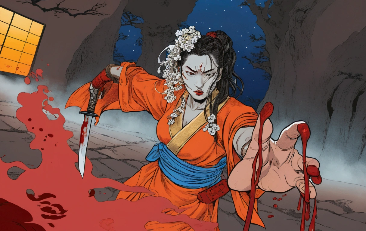 there is a woman with a knife in her hand and blood on the another hand, full color illustration, full color digital illustration, in the night as a d & d fighter, inspired by Yasuo Kuniyoshi, inspired by Tsukioka Yoshitoshi, colored screentone, inspired by Kawanabe Kyōsai