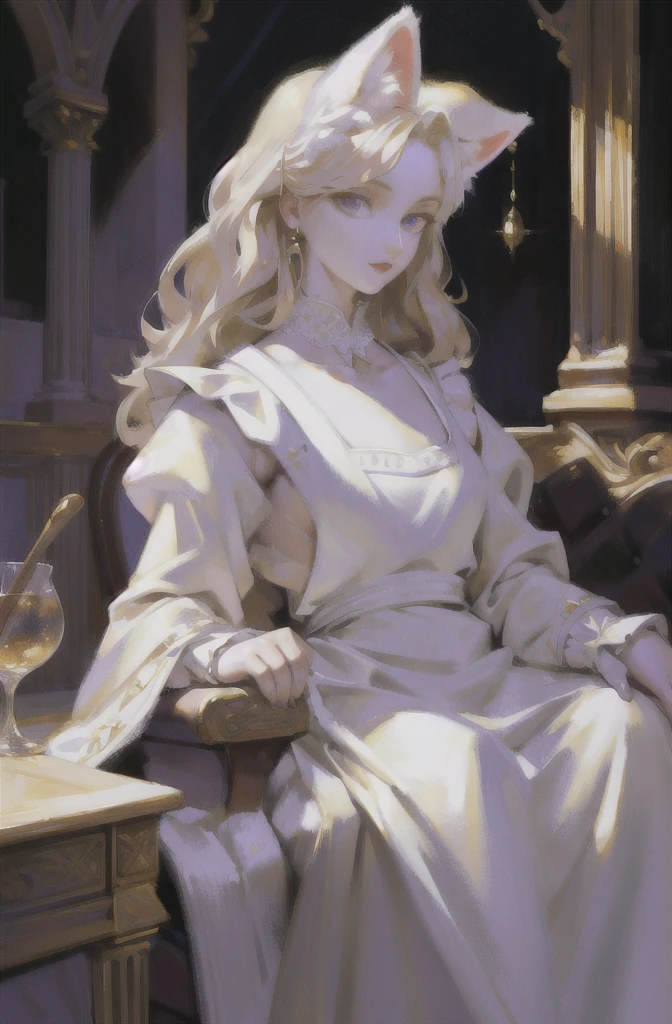 absurdity, a high resolution, Ultra detailed, masterpiece, sharp shading,portrait,
Cat, Fluffy girl,,aristocratic dress,(white apron:1.2),oil painting,opera drama light platinum blonde, highly detailed eyes,