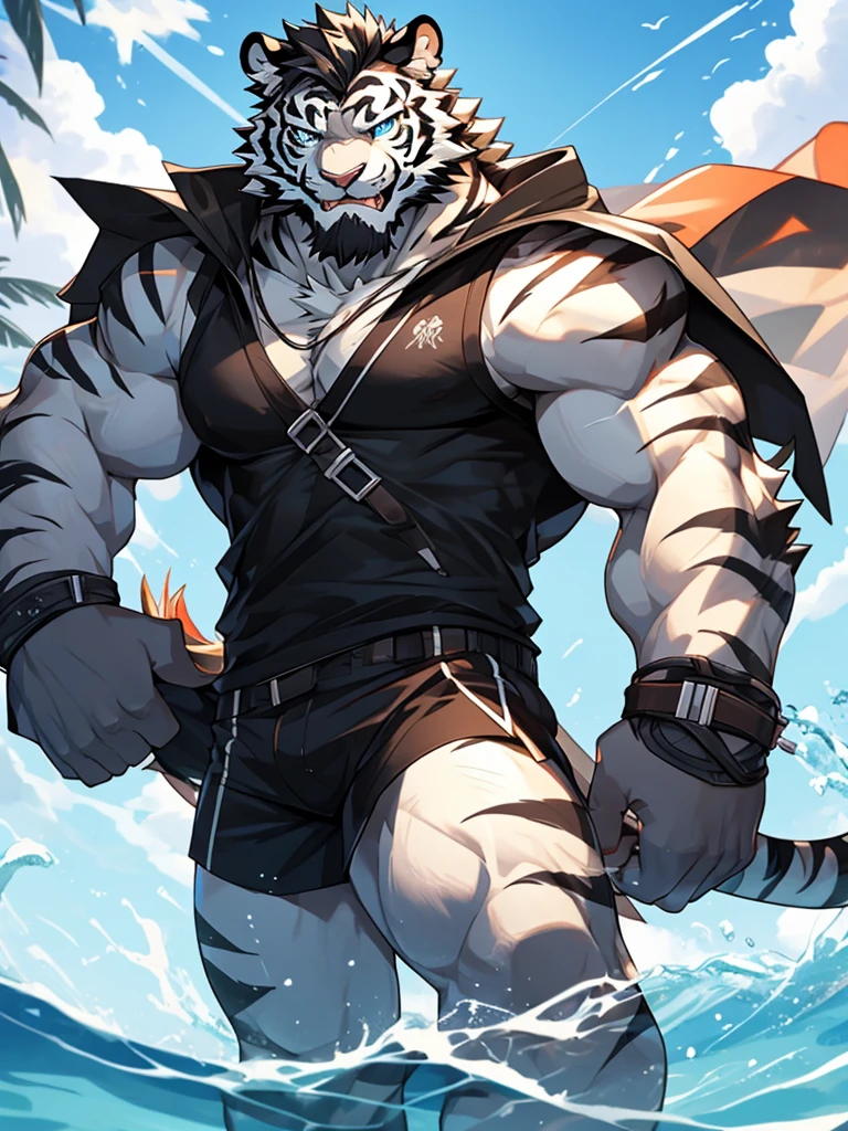 Masterpiece, Solo, Furry Black White Tiger, Blue Eyes, Medium Black Hair, Medium Black Facial Hair, Muscular Body, Cool Pose, Handsome, Good Looking, Adult, Fierce, Smirking mouth open, Summer outfit, summer background