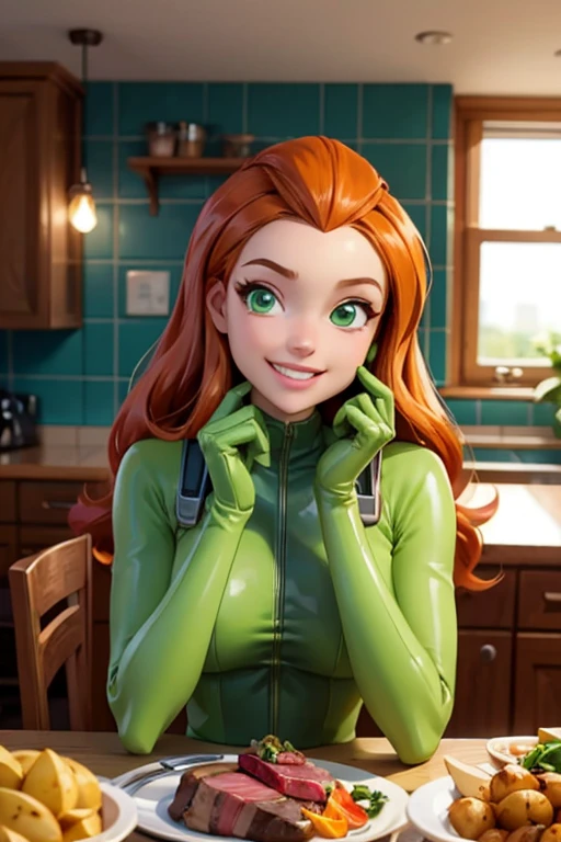 sam, totally spies, long orange hair, green eyes, green bodysuit, gloves, looking at viewer, smiling, happy, teeth, upper body shot, sitting, behind a table, inside cozy kitchen, table full of food, steak, potatoes, romantic ambiance, high quality, masterpiece 