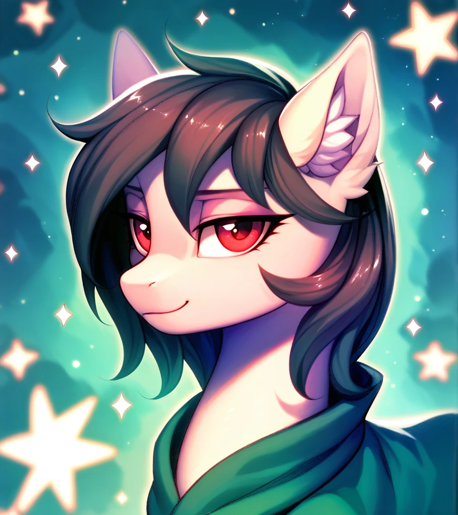 score_9, score_8_up, score_7_up, score_6_up, score_5_up, score_4_up,  (by aki99), source_pony, rating_suggestive, (feral), bedroom eyes, shiny, masterpiece, detailed soft lighting, ear fluff, green_hair, straight_hair, Short_Hair, Fluffy_Hair, wolfcut_hair, light_green_skin, Red_eyes, hair_acessorios, Stars, Sparkles.