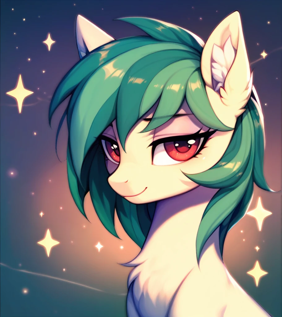 score_9, score_8_up, score_7_up, score_6_up, score_5_up, score_4_up,  (by aki99), source_pony, rating_suggestive, (feral), bedroom eyes, shiny, masterpiece, detailed soft lighting, ear fluff, green_hair, straight_hair, Short_Hair, Fluffy_Hair, wolfcut_hair, light_green_skin, Red_eyes, hair_acessorios, Stars, Sparkles.