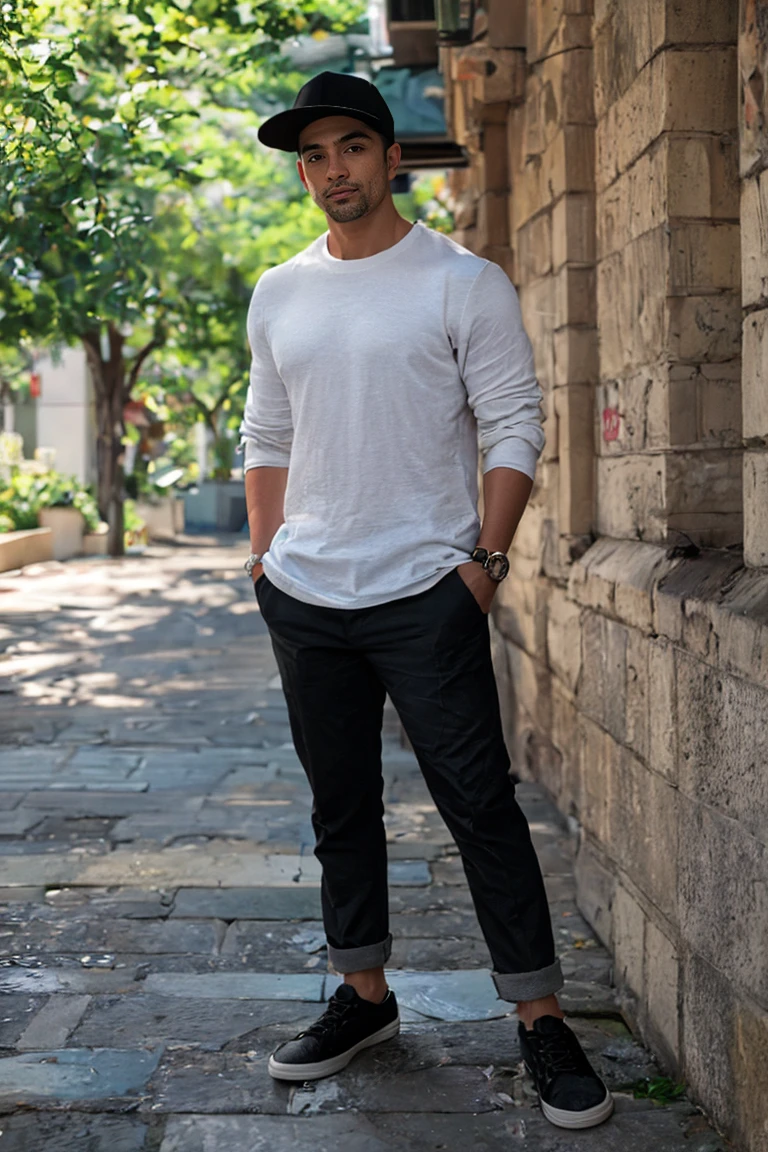 Make a guy pose showing his shoes he&#39;s a boy white shirt cream pants, black man he has vanz shoes the intention of the photo is to show the shoe
