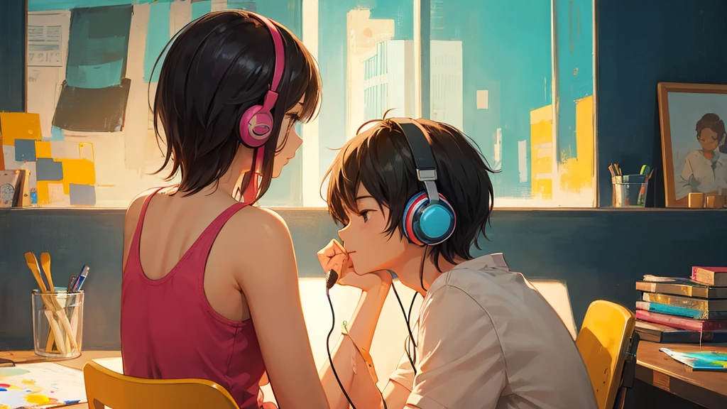 2 people, girl and boy back to each other, the girl is wearing head phone and sit on chair in front of a microphone, the boy is painting on a canva