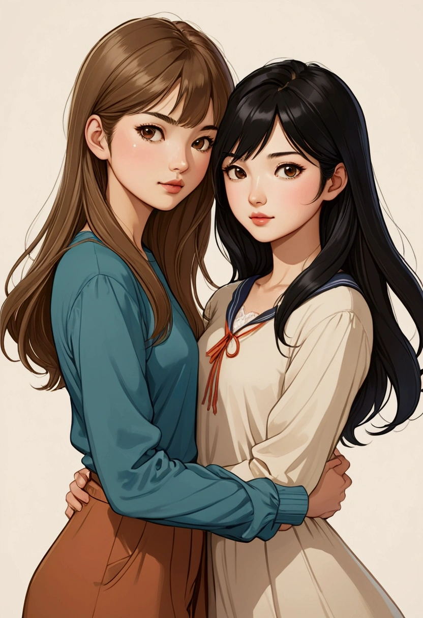 TWO beautiful Sarah Kay-style women, deeply in love. One with semi-short light brown hair, STRAIGHT, dressed casually, delicate British features, and the other with long black hair, STRAIGHT, with delicate Asian features, dressed casually, illustration, realistic, anime, fashion, portrait photography.