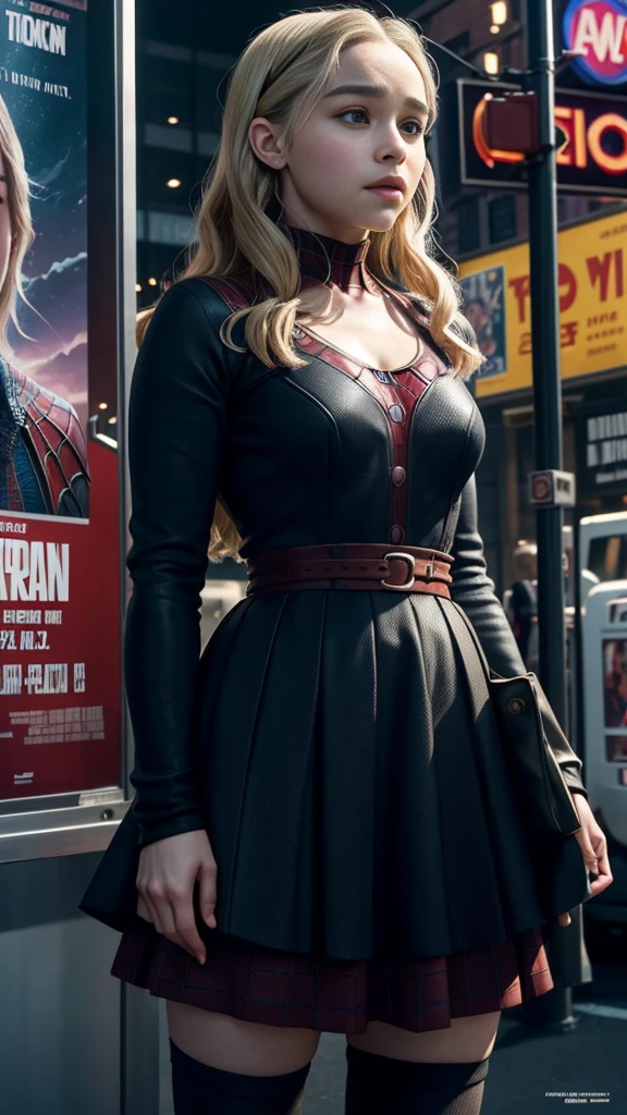 Emilia Clarke、マーベルコミックの映画Poster、so beautiful、Movies about Spider-Man、sexy、whole body、Wearing a skirt、Premiere Date、Poster、belly buttonを突き出す、new york、She&#39;s wearing a ripped Spiderman suit、The suit is torn、Wearing a skirt、Red and black color scheme、dynamic、masterpiece、Highest quality、Super detailed、Very detailed、Delicate and beautiful shine、Ultra-high resolution、Cinematic、break、breakドロップ、(Torn clothes:1.5)、(Wet clothes:1.4)、Bare shoulders、Real Rain、Wet Hair、belly button、Exposed Skin、sexyな肩を披露