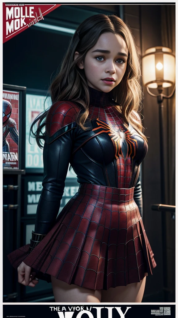 Emilia Clarke、マーベルコミックの映画Poster、so beautiful、Movies about Spider-Man、sexy、whole body、Wearing a skirt、Premiere Date、Poster、belly buttonを突き出す、new york、She's wearing a ripped Spiderman suit、The suit is torn、Wearing a skirt、Red and black color scheme、dynamic、masterpiece、Highest quality、Super detailed、Very detailed、Delicate and beautiful shine、Ultra-high resolution、Cinematic、break、breakドロップ、(Torn clothes:1.5)、(Wet clothes:1.4)、Bare shoulders、Real Rain、Wet Hair、belly button、Exposed Skin、sexyな肩を披露
