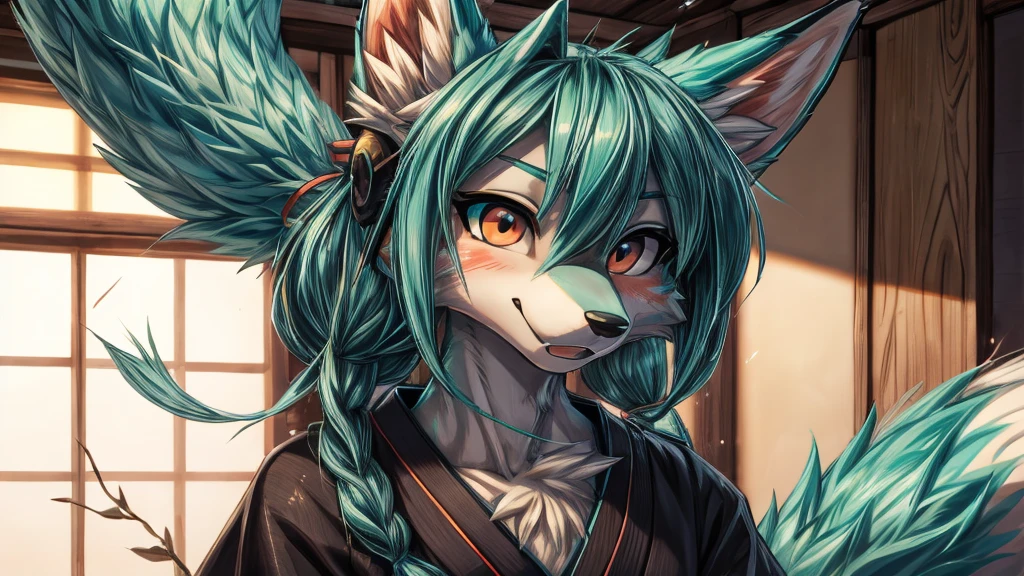 Japanese adolescent hatsune miku x kitsune , fox face elongated snout add-detail, Surprise face, sweaty body, heated add_detail,, shinobi warrior add_detail:1