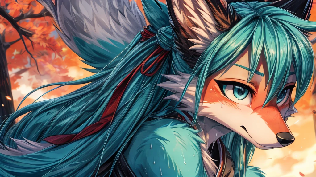 Japanese adolescent hatsune miku x kitsune , fox face elongated snout add-detail, Surprise face, sweaty body, heated add_detail,, shinobi warrior add_detail:1