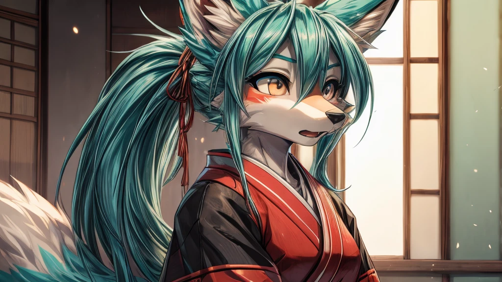 The best quality, Japanese adolescent hatsune miku x kitsune , fox face elongated snout add-detail, Surprise face, sweaty body, heated add_detail,, kitsune warrior in the spring hanami add_detail:1, barefoot add_detail:1 mistycal aura, demon slayer style, beautifull and detailed deep blue eyes