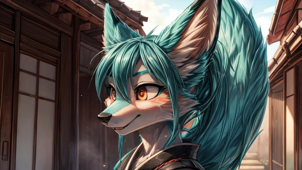 Japanese adolescent hatsune miku x kitsune , fox face elongated snout add-detail, Surprise face, sweaty body, heated add_detail,, shinobi warrior add_detail:1 