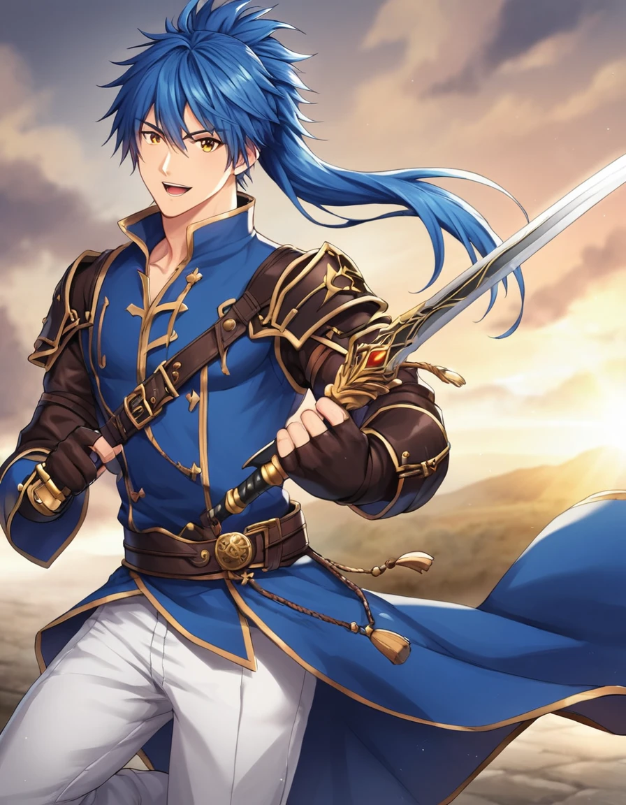 anime fantasy art style, an archer man with blue hair and ponytail, wearing a blue tunic, white pants, leather gloves, quiver on his back, wielding a bow, fantasy design