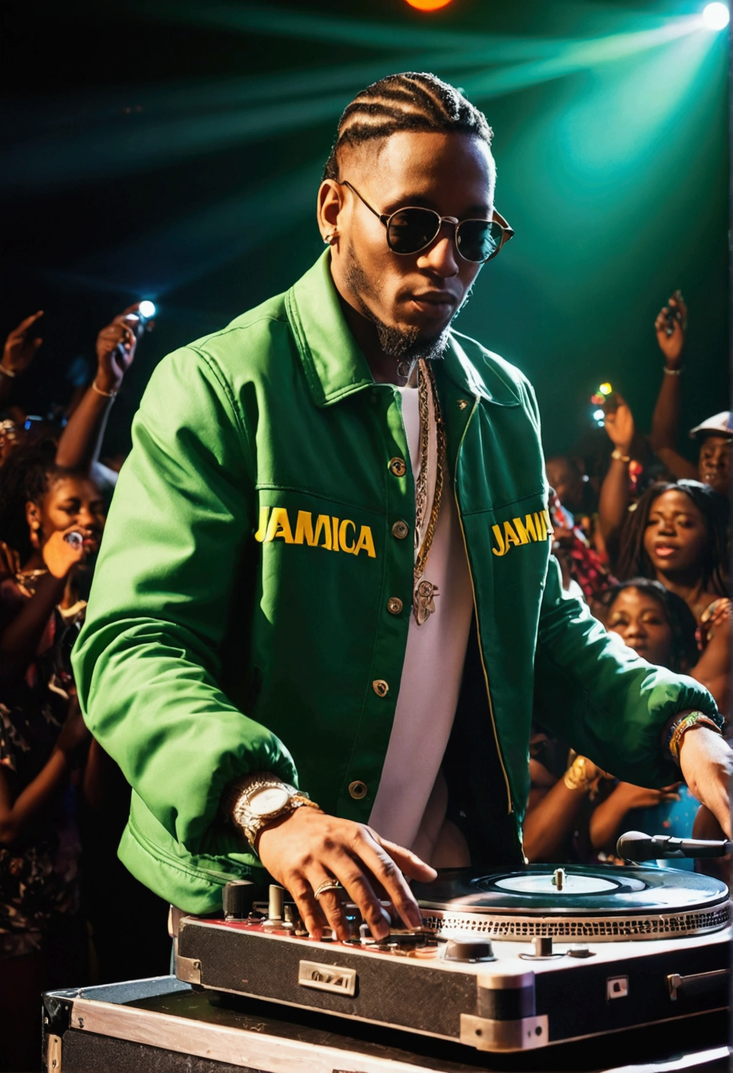 a DJ with a jacket, jamaica , on stage with record player, crowd, Leisure lights, ,NIGHTCLUB With the Word in detail .not