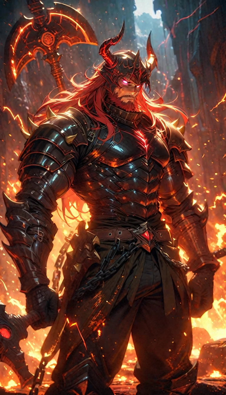 ((best quality)) , ((masterpiece)) , (detailed)，axe, 1boy, male focus, horns, glowing eyes, holding, beard, glowing, solo, weapon, holding axe, facial hair, muscular, fire, holding weapon, chain, looking at viewer, long hair, lightning, muscular male, red hair, horned helmet, armor, helmet, belt, fake horns, molten rock, feet out of frame, standing, battle axe, electricity