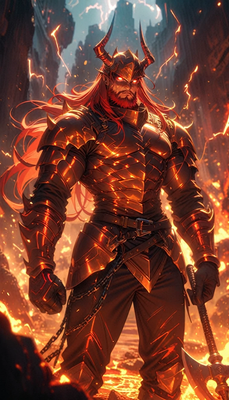 ((best quality)) , ((masterpiece)) , (detailed),axe, 1boy, male focus, horns, glowing eyes, holding, beard, glowing, solo, weapon, holding axe, facial hair, muscular, fire, holding weapon, chain, looking at viewer, long hair, lightning, muscular male, red hair, horned helmet, armor, helmet, belt, fake horns, molten rock, feet out of frame, standing, battle axe, electricity