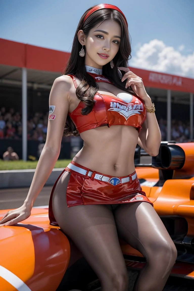 (masterpiece), ( MotoGP Racing Girls), (eyeliner:0.5),(blush:0.5), Black Hair, A faint smile, beautifully繊細な少女を指す, Highly detailed eyes and face, beautifully繊細な目, , ((Event List)), (MotoGP track background), (Highest quality, High resolution, reality, original, 8k,masterpiece, ),(((Dynamic pose))),(((Center Perspective))),(((Show the underside of the chest ))),(((Red miniskirt lift))),(((Bare inner thighs))),(((F1 cars on display))), (Vibrant colors:1.2), (beautifully),
