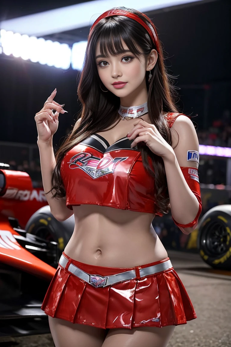 (masterpiece), ( MotoGP Racing Girls), (eyeliner:0.5),(blush:0.5), Black Hair, A faint smile, beautifully繊細な少女を指す, Highly detailed eyes and face, beautifully繊細な目, , ((Event List)), (MotoGP track background), (Highest quality, High resolution, reality, original, 8k,masterpiece, ),(((Dynamic pose))),(((Center Perspective))),(((Show the underside of the chest ))),(((Red miniskirt lift))),(((Bare inner thighs))),(((F1 cars on display))), (Vibrant colors:1.2), (beautifully),