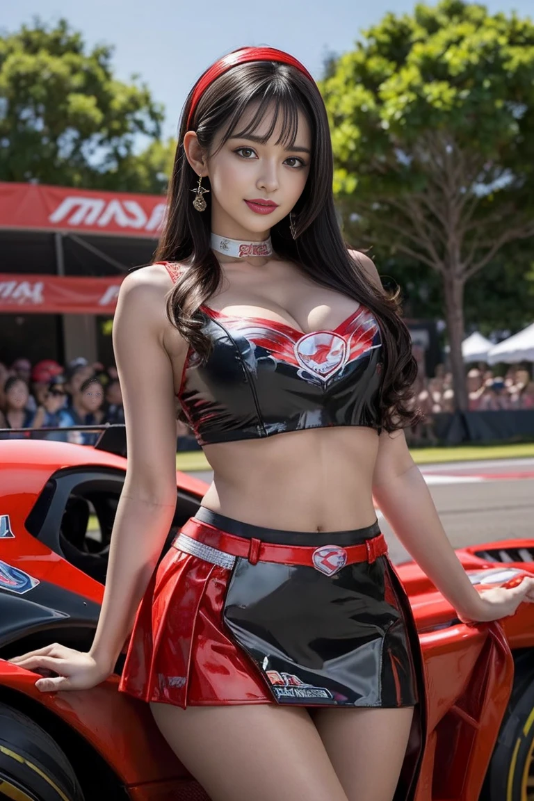 (masterpiece), ( MotoGP Racing Girls), (eyeliner:0.5),(blush:0.5), Black Hair, A faint smile, beautifully繊細な少女を指す, Highly detailed eyes and face, beautifully繊細な目, , ((Event List)), (MotoGP track background), (Highest quality, High resolution, reality, original, 8k,masterpiece, ),(((Dynamic pose))),(((Center Perspective))),(((Show the underside of the chest ))),(((Red miniskirt lift))),(((Bare inner thighs))),(((F1 cars on display))), (Vibrant colors:1.2), (beautifully),