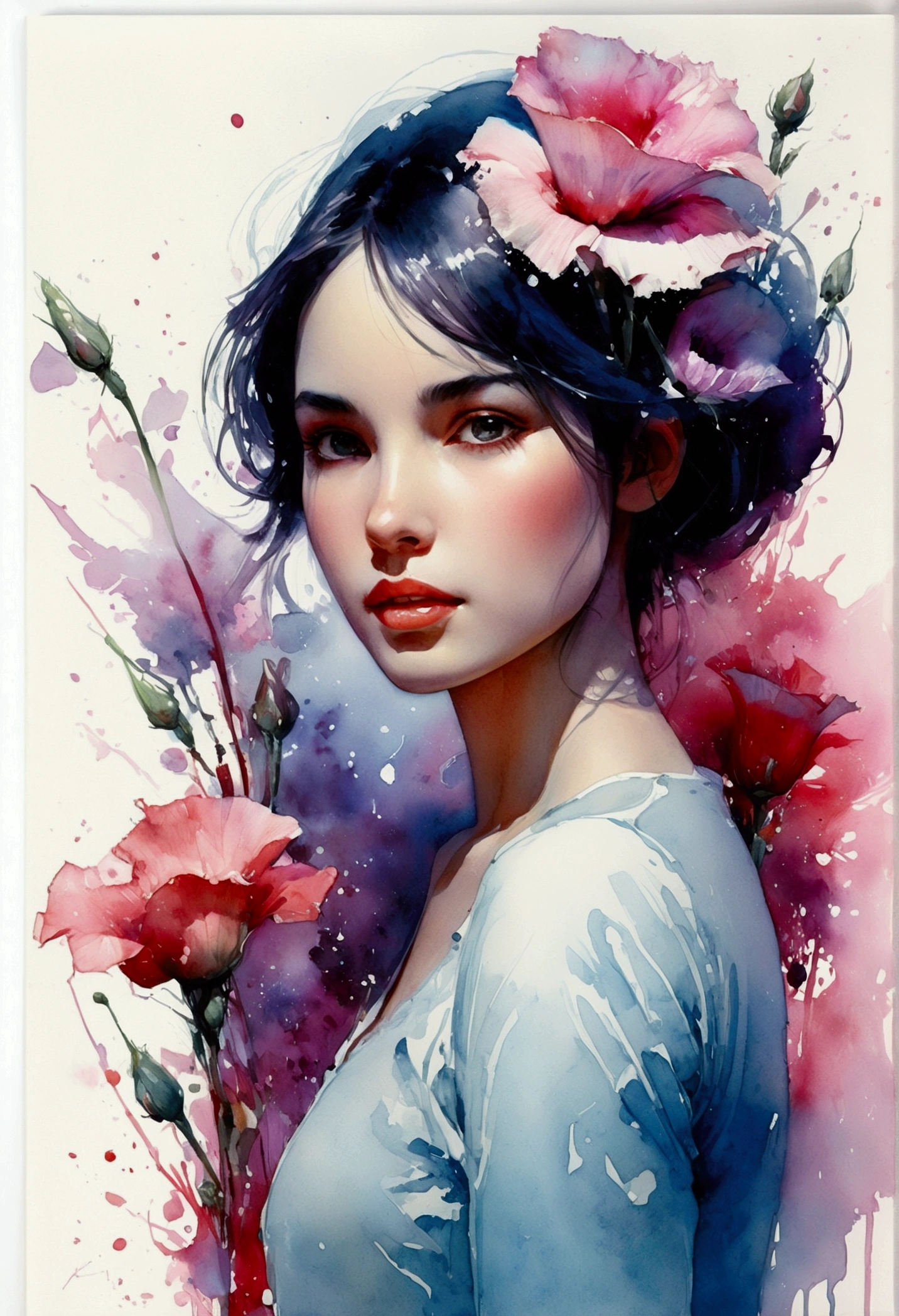 1girl,flor, Lisianthus ,En el estilo de rosa claro y azul claro, dreamy and romantic compositions, pale pink, ethereal foliage, playful arrangements,fantasy, alto contraste, ink strokes, Explosiones, over exposure, purple and red tone impression , abstracto, ((acuarela de John Berkey y Jeremy Mann )) Pinceladas, espacio negativo, NSFW