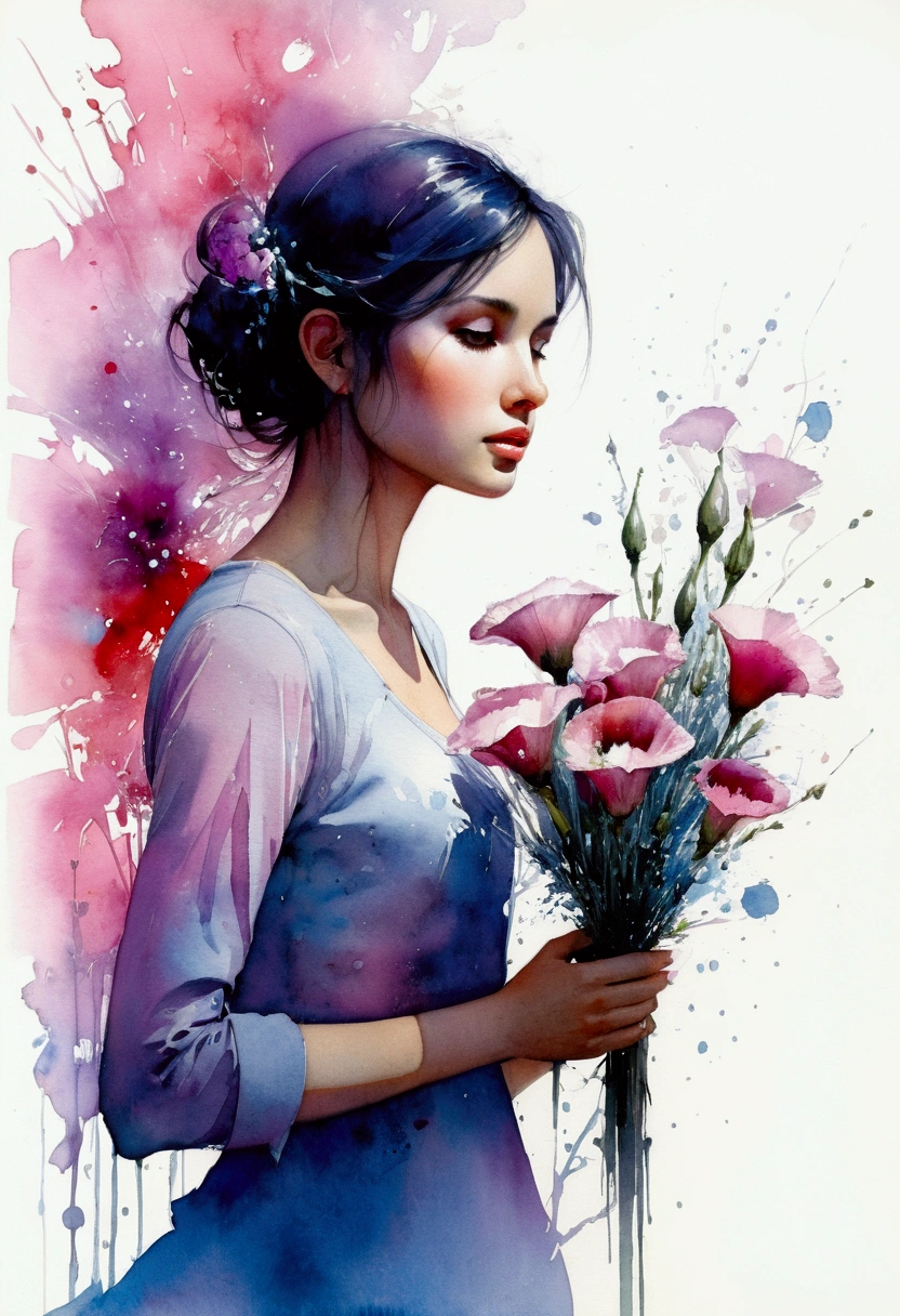 1girl,flower, Lisianthus ,in the style of light pink and light azure, dreamy and romantic compositions, pale pink, ethereal foliage, playful arrangements,fantasy, high contrast, ink strokes, explosions, over exposure, purple and red tone impression , abstract, ((watercolor painting by John Berkey and Jeremy Mann )) brush strokes, negative space,