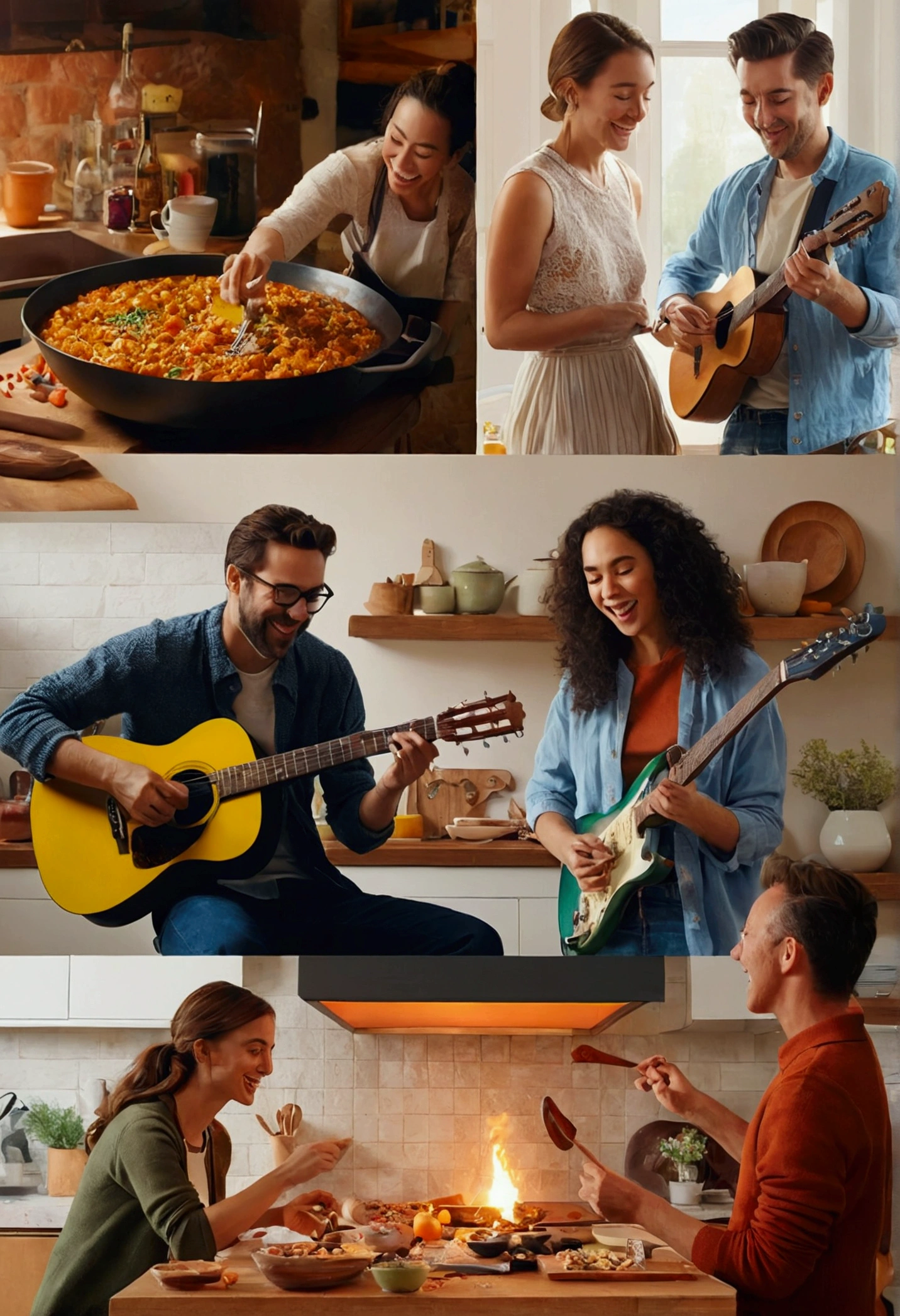 Dynamic montage of 3 people enjoying their hobbies: a person cooking an elaborate recipe, another painting a colorful canvas and someone enthusiastically playing the guitar in a cozy atmosphere.