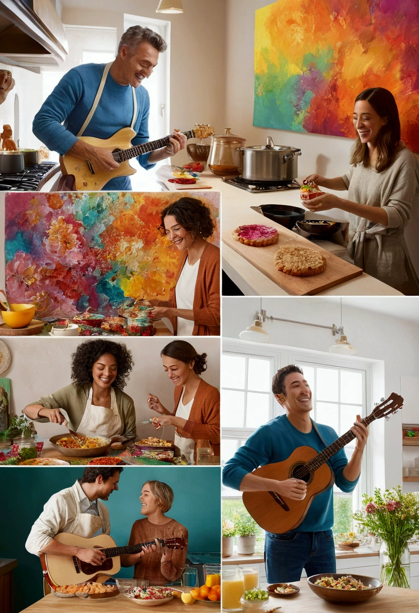 Dynamic montage of 3 people enjoying their hobbies: a person cooking an elaborate recipe, another painting a colorful canvas and someone enthusiastically playing the guitar in a cozy atmosphere.
