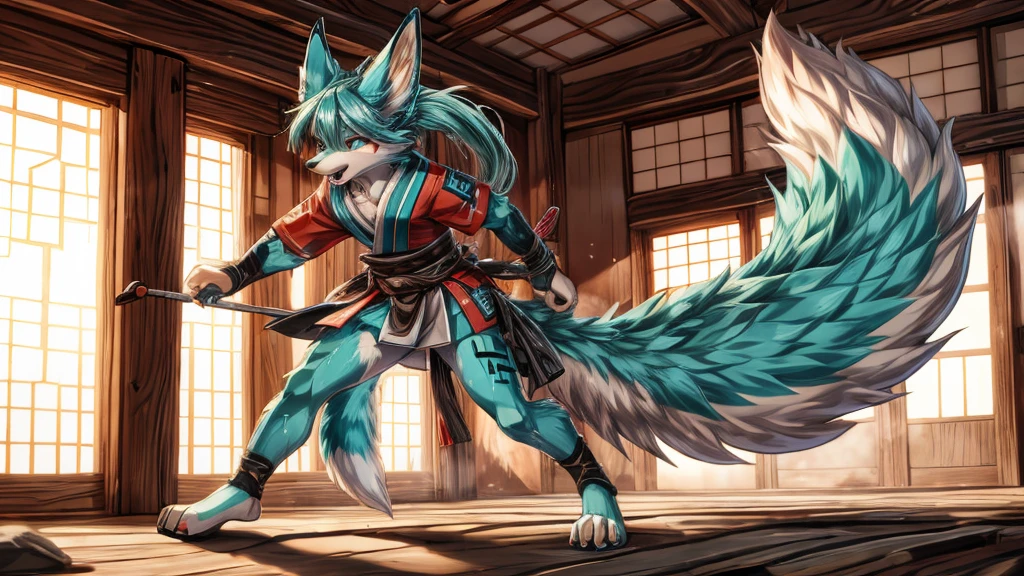 Japanese adolescent hatsune miku x kitsune , fox face elongated snout add-detail, Surprise face, sweaty body, heated add_detail,, shinobi warrior add_detail:1, Whole body, barefoot