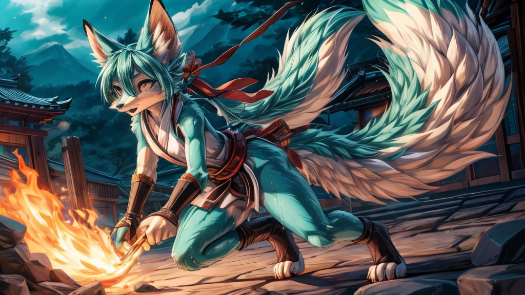 The best quality, Japanese adolescent hatsune miku x kitsune , fox face elongated snout add-detail, Surprise face, sweaty body, heated add_detail,, shinobi warrior add_detail:1, Whole body, barefoot add_detail:1
