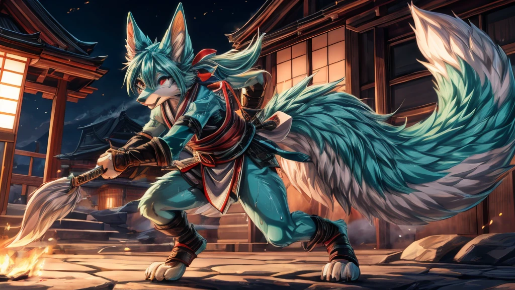 Japanese adolescent hatsune miku x kitsune , fox face elongated snout add-detail, Surprise face, sweaty body, heated add_detail,, shinobi warrior add_detail:1, Whole body, barefoot