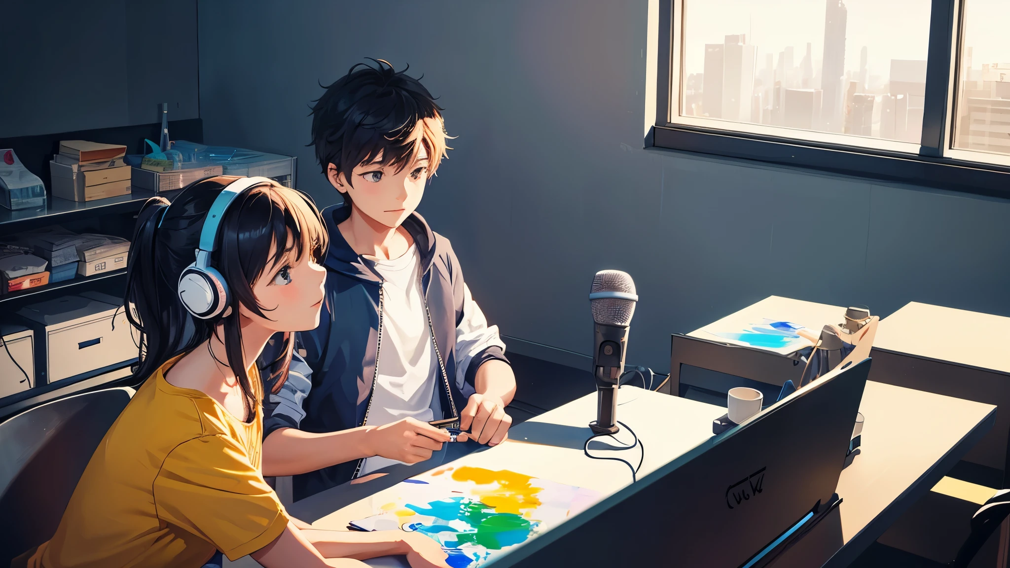 2 people, girl and boy back to each other, the girl is wearing head phone and sit on chair in front of a microphone, the boy is painting on a canva