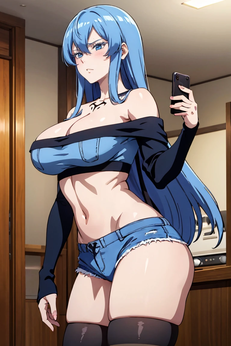 (artwork, best quality) a girl with long messy blue hair, blue eyes, blue eyelashes, blue denim mini shorts, long black stockings, off the shoulder top, standing, tattoo, perfect big body, 4k hd, upset, blushing, in a room, taking a picture of herself in the mirror, with her cell phone in her hand