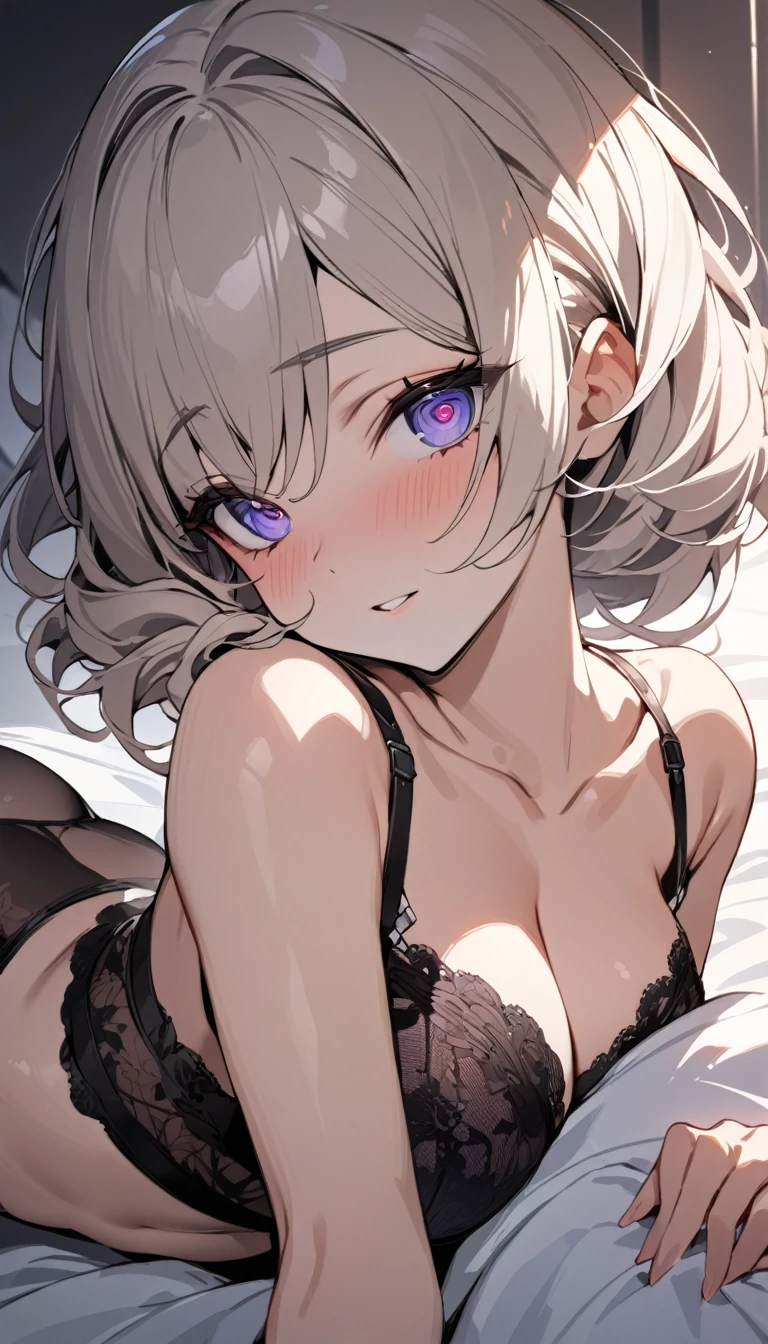 (((best quality)), ((masterpiece)), (details), masterpiece, best quality, high quality, ulutra detailed, perfect face, ((1girl, blue eyes, cat ears: 1.3 silver bob hair: 2.5,)) 、Shiny Hair、Glowing Skin、blush、Lustful look、Small breasts、Bedroom、Black lace camisole、garter belt、Knee-high stockings、sleep、On the bed