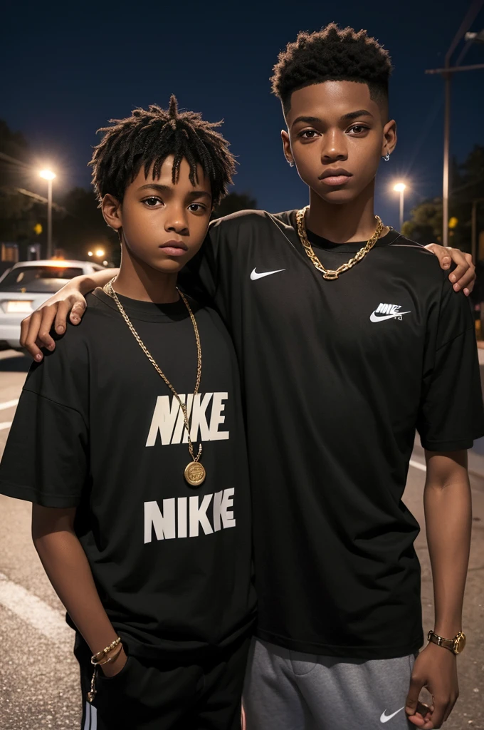 Two boys in a dark parking lot, a 9 year old black boy wearing a nike t-shirt and a 16 year old wearing a gold chain higher than the previous realism