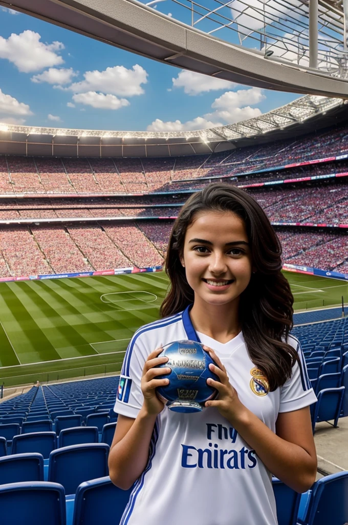 Create an image in a stadium with a ball and the junati champions cup for my daughter who is 2 months old with the real madrid shirt