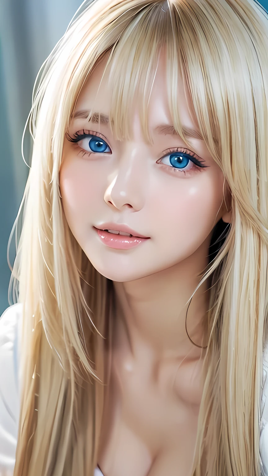 Super long, silky blonde hair、Very cute, beautiful and stunning girl、Bangs falling over the eyes、Hair on the face、Put one bang over your eye、Hair between the eyes、So perfect beautiful cute face、big, Her bright, light blue eyes are so beautiful and sparkling.、Very big eyes、White and lustrous skin、Small Face Beauty、Cheek gloss highlighter、Incredibly white, beautiful, bright and radiant skin、Round face