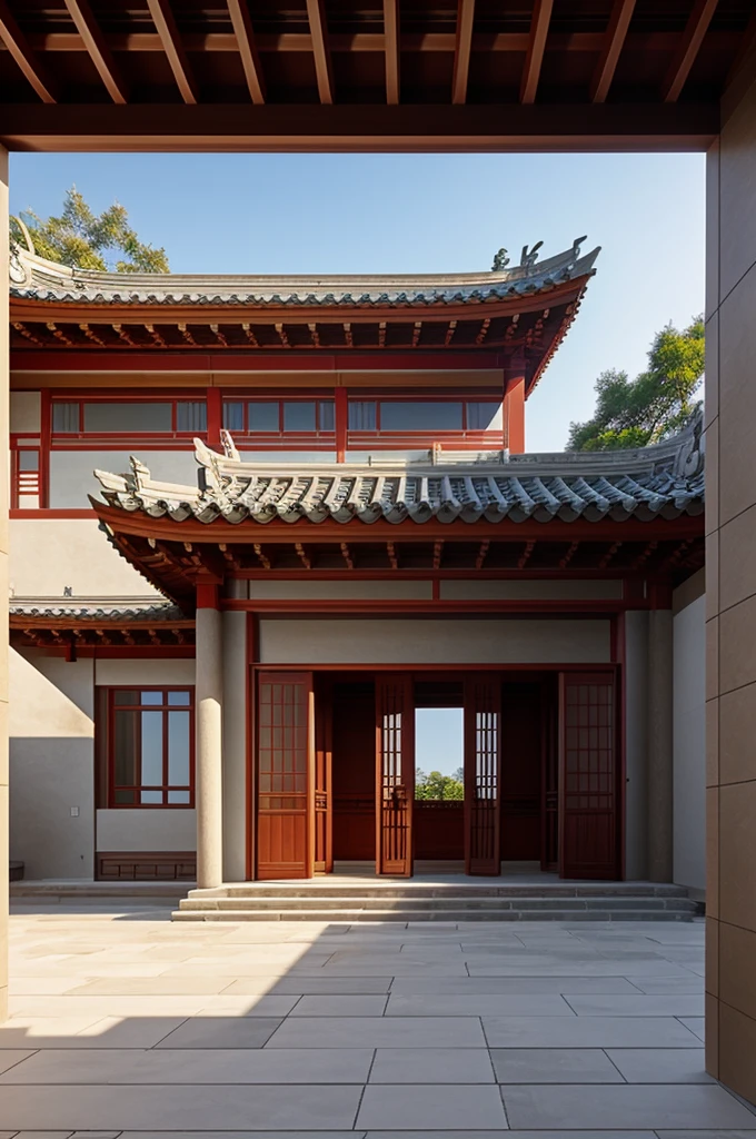 Create an image of a modern house or structure with windows based on ancient Chinese architecture, preserving the roof more than anything, such as a slightly more modern temple with prettier design themes and more windows.