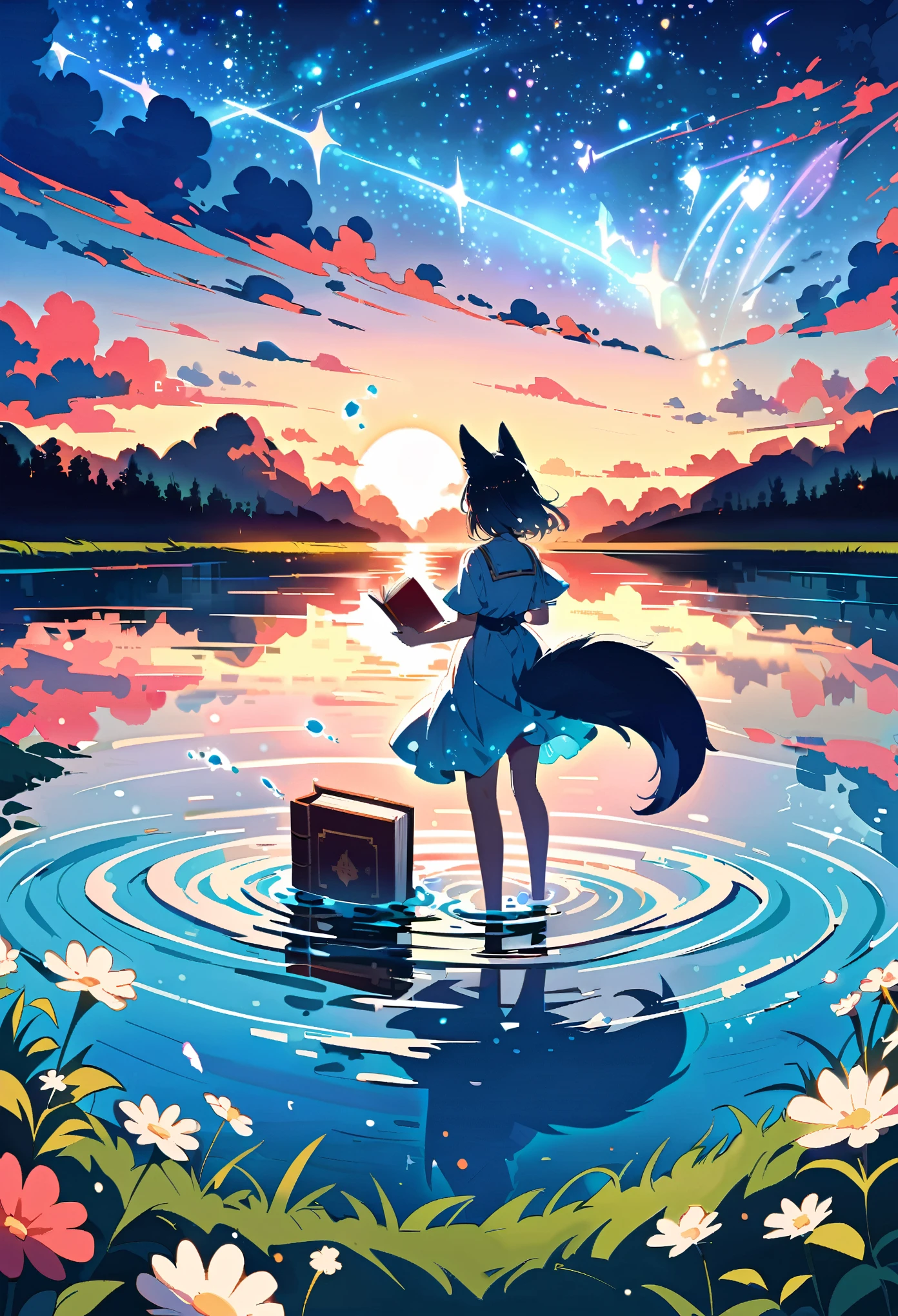 Panorama, dwarf, mario, fox ears, turn pale, asymmetrical bangs, brooch, lucency full dress, bare_legs, aardwolf tail, all fours, holding book, cloudy, glowing neon lights, beautiful and delicate water, the finest grass, very delicate light, nature, painting, water spray, breeze, flowers and grass meadow, near the water edge, (sunset, starry sky in a circle), randomly distributed clouds, river, splashing water, falling petals