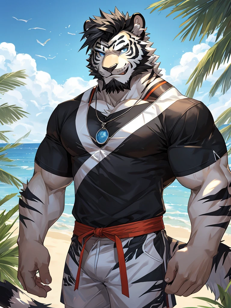 Masterpiece, Solo, Furry Black White Tiger, Blue Eyes, Medium Black Hair, Medium Black Facial Hair, Muscular Body, Cool Pose, Handsome, Good Looking, Adult, Fierce, Grinning, Summer outfit, summer background