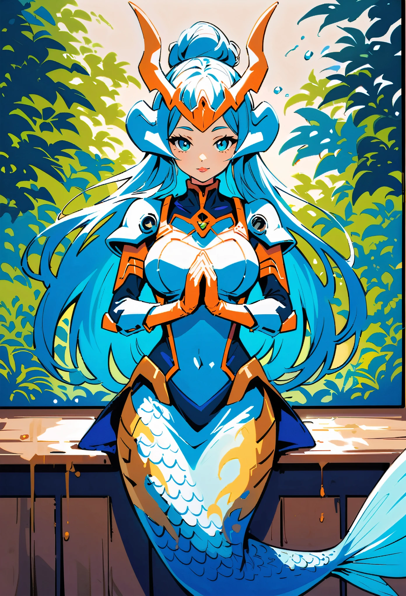 cowboy shot, monster girl, mermaid, thick lips, light smile, chignon, pauldrons, mech suit, frilled thighhighs, dragon horns, look at viewer, doing a meditation, cafe, Encaustic painting, mecha clothes, robot girl