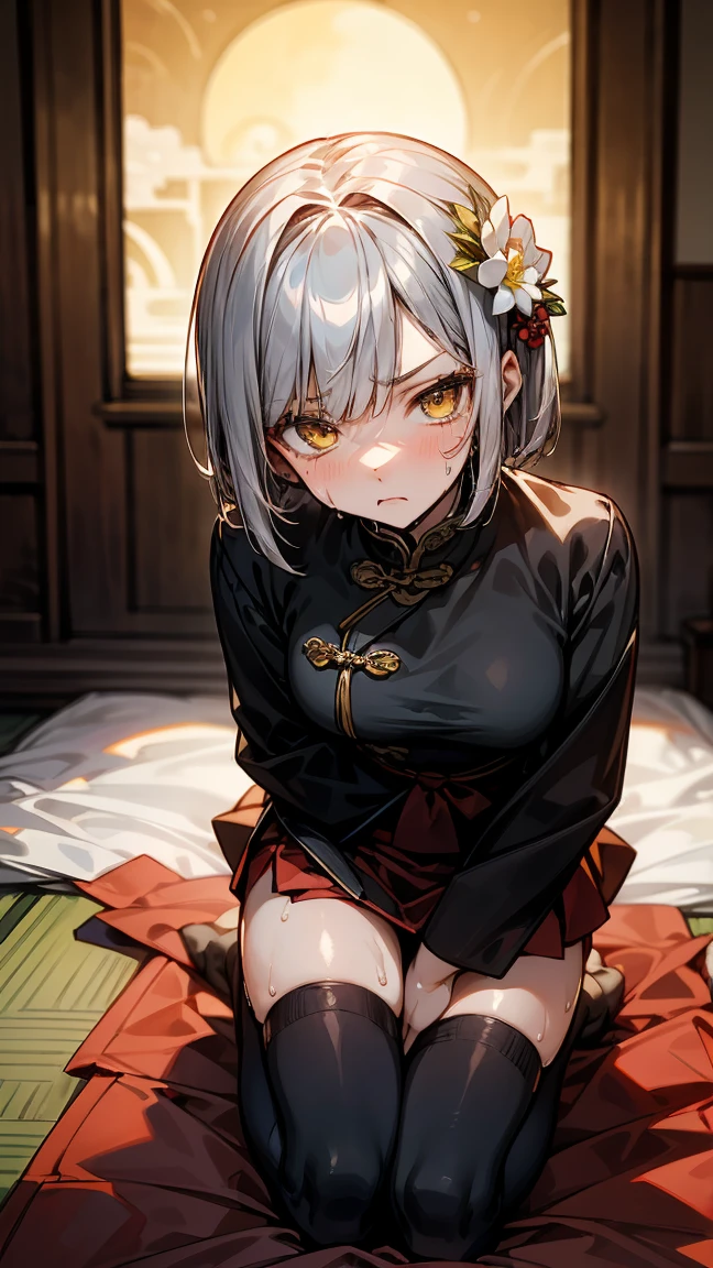 young girl ************, short silver bob hair, hair flower, sharp bangs between the eyes, yellow  eyes, eyes large, dominant look, cold stare, somewhat angry expression. traditional chinese imperial clothes black with gold details, red skirt, black thigh high socks. slenderbody. On your knees on the bed, kneeling. point of view from above, view from above. in a Japanese room, at night, with full moon in the background, light reflecting on the sexy and sweaty body. (((sweat)))