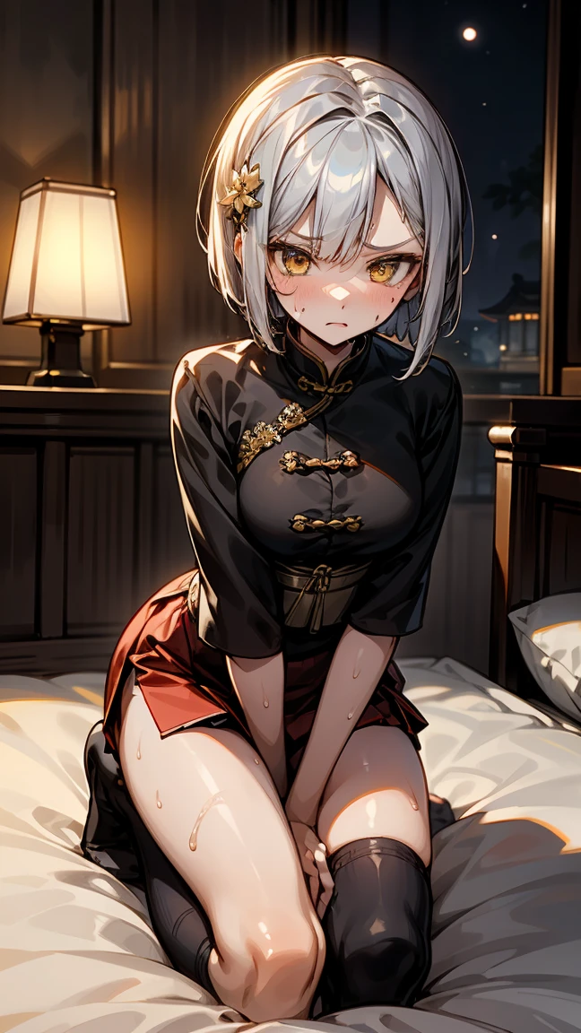 young girl , short silver bob hair, hair flower, sharp bangs between the eyes, yellow  eyes, eyes large, dominant look, cold stare, somewhat angry expression. traditional chinese imperial clothes black with gold details, red skirt, black thigh high socks. slenderbody. On your knees on the bed, kneeling. front point of view, far view. in a Japanese room, at night, with full moon in the background, light reflecting on the sexy and sweaty body. (((sweat)))