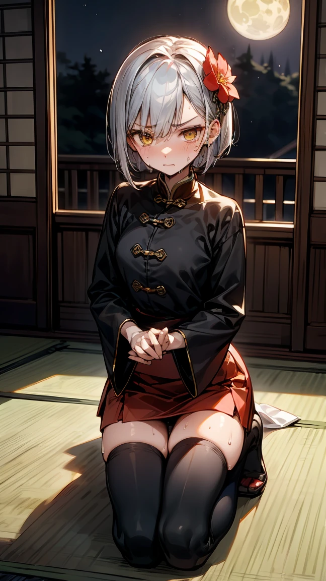 young girl 15 years old, short silver bob hair, hair flower, sharp bangs between the eyes, yellow eyes, eyes large, dominant look, cold stare, somewhat angry expression. traditional chinese imperial clothes black with gold details, red skirt, black thigh high socks. slenderbody. On your knees on the bed, kneeling. front point of view, far view. in a Japanese room, at night, with full moon in the background, light reflecting on the sexy and sweaty body. (((sweat)))