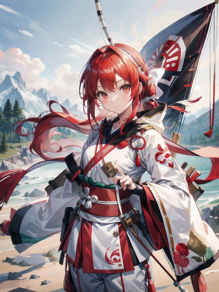 work of art, best qualityer,1 girl, Archer, red 弓, 弓, long hair, white hair, Ainu clothing, standing alone, hair elastic, hawk flying by your side, fingerless mitts, manga curta, mitts, range, pants, bangss, red hair elastic, missiles, small round breasts, eyes browns, white pants, confusing, drlight smile, offcial art, good composition, official pose, detailed portraite, portraite, bokeh, clouds and mountain background, estilo onmyoji, high resolution, dramatic lighting and shadows, solar flares, blurry foreground, (((fully body, pointing the bow in the direction of the hunt)))