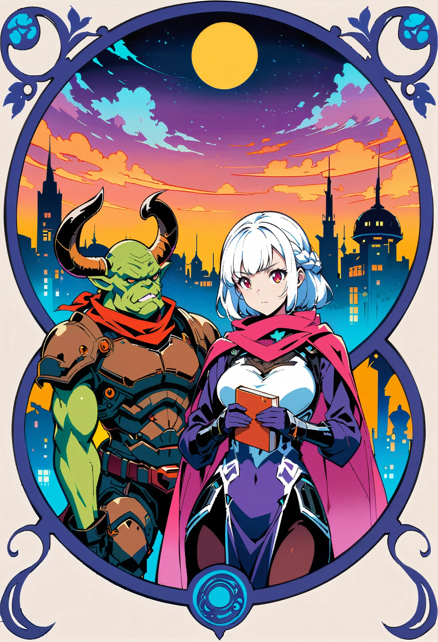 official art, extremely detailed CG unity 8k wallpaper, multiple girls, orc, puffy lips, light frown, french braid, semi-rimless eyewear, scarf, see-through legwear, antelope horns, standing, holding book, moon, ((art nouveau)), mechanical prosthesis,mecha coverage,emerging dark purple across with white hair,fluorescent purple,cool movement,rose red eyes,beatiful detailed cyberpunk city, hd semirealistic anime cg concept art digital painting