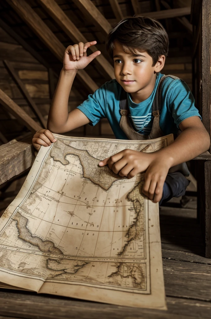 Description: A boy about 12iscovers an old treasure map in a dusty attic. The boy has a shocked expression on his face. The map is displayed and shows an island with markings "X" and fantastic creatures