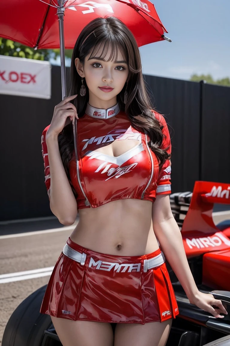 (masterpiece), ( MotoGP Racing Girls), (eyeliner:0.5),(blush:0.5), Black Hair, A faint smile, beautifully繊細な少女を指す, Highly detailed eyes and face, beautifully繊細な目, , ((Event List)), (MotoGP track background), (Highest quality, High resolution, reality, original, 8k,masterpiece, ),(((Dynamic pose))),(((Center Perspective))),(((Show the underside of the chest ))),(((Red miniskirt lift))),(((Bare inner thighs))),(((F1 cars on display))), (Vibrant colors:1.2), (beautifully),