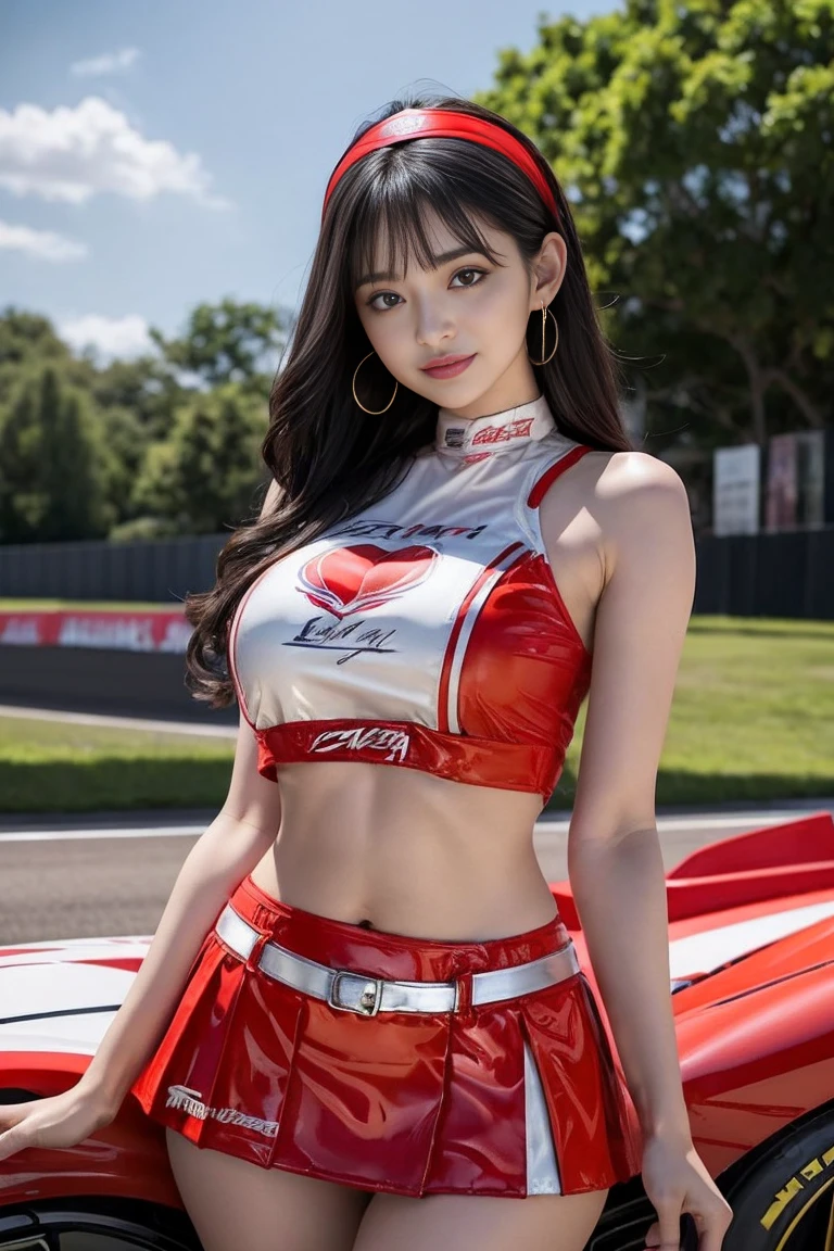 (masterpiece), ( MotoGP Racing Girls), (eyeliner:0.5),(blush:0.5), Black Hair, A faint smile, beautifully繊細な少女を指す, Highly detailed eyes and face, beautifully繊細な目, , ((Event List)), (MotoGP track background), (Highest quality, High resolution, reality, original, 8k,masterpiece, ),(((Dynamic pose))),(((Center Perspective))),(((Show the underside of the chest ))),(((Red miniskirt lift))),(((Bare inner thighs))),(((F1 cars on display))), (Vibrant colors:1.2), (beautifully),