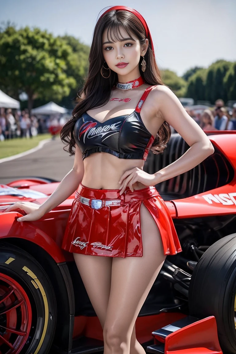 (masterpiece), ( MotoGP Racing Girls), (eyeliner:0.5),(blush:0.5), Black Hair, A faint smile, beautifully繊細な少女を指す, Highly detailed eyes and face, beautifully繊細な目, , ((Event List)), (MotoGP track background), (Highest quality, High resolution, reality, original, 8k,masterpiece, ),(((Dynamic pose))),(((Center Perspective))),(((Show the underside of the chest ))),(((Red miniskirt lift))),(((Bare inner thighs))),(((F1 cars on display))), (Vibrant colors:1.2), (beautifully),